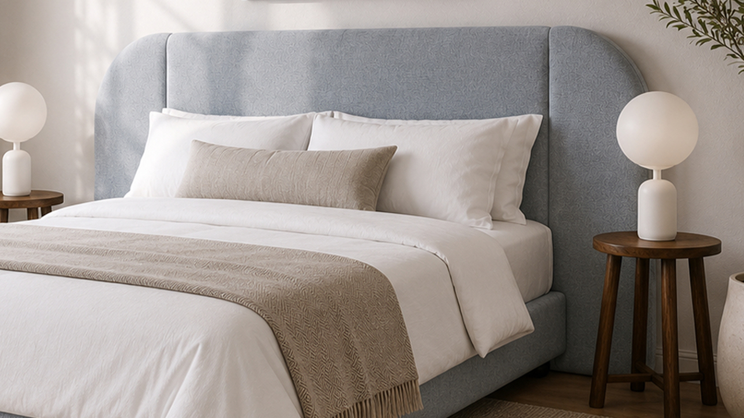 Light blue upholstered bed frame with curved padded headboard, styled with white bedding and neutral cushions